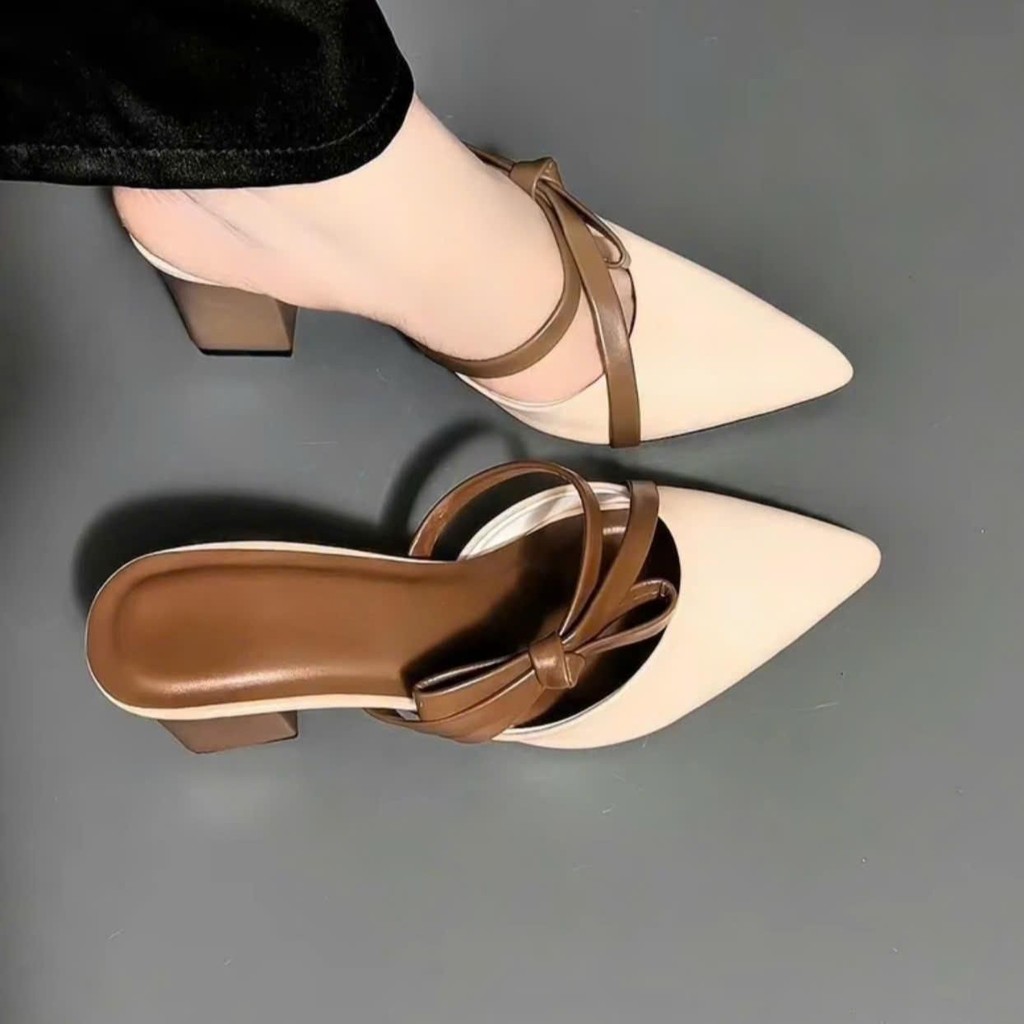 Giày Sục Nữ Gắn Dây Nơ Cao Gót 5cm Kiểu Dáng Tiểu Thư Xinh Xắn