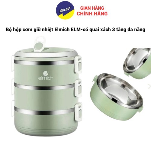 ( sẵn hàng) Bộ hộp cơm giữ nhiệt Elmich ELM-0836 có quai xách 3 tầng đa năng