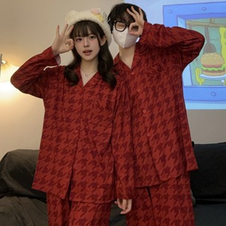 Bộ đồ mặc nhà dài tay Bộ đồ ngủ phong cách cặp đôi Bộ đồ ngủ Giáng sinh Houndstooth màu đỏ