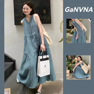 Váy đi biển bigsize Váy thu đông Đầm dự tiệc Váy liền không tay kiểu Pháp váy dài màu xanh lam nghỉ dưỡng bên bờ biển mùa hè cho nữ