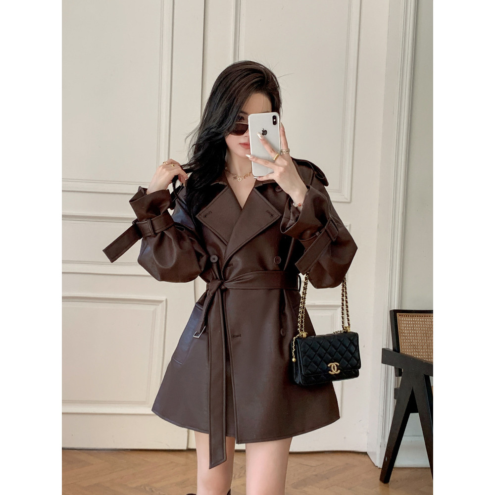 Áo khoác da dài cỡ lớn, áo khoác nữ cỡ lớn, áo khoác nữ, áo khoác chống lạnh và ấm, áo khoác da nâu,