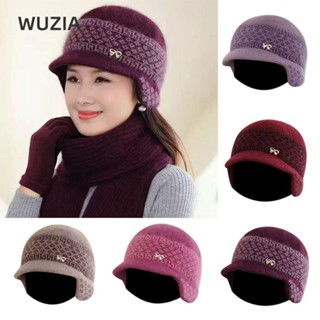 WUZIA Mũ bảo vệ tai , Mũ dệt kim dày dặn ấm hơn, Mũ trung niên và người cao tuổi Mũ nữ mềm mại Mũ len đan ấm áp ngoài trời