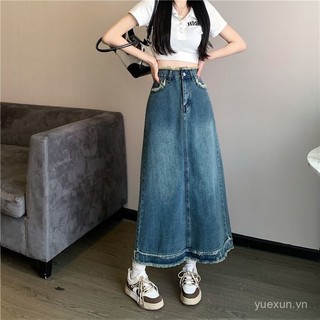 Chân váy denim màu xanh dương cổ điển cho nữ, Chân váy midi thẳng cạp cao phong cách phương Tây