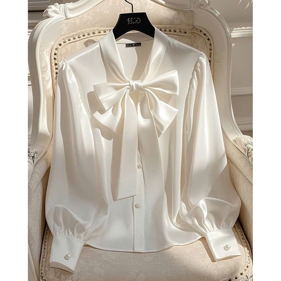 Áo Sơ Mi LỤA trung niên nữ U30 U40 U50,Áo Sơ Mi Công Sở Nữ Đẹp Tay Dài Cổ Thắt Nơ