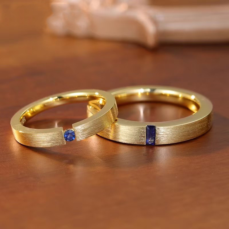 Nhẫn đôi vàng Sapphire tình yêu Santorini, Nhẫn nam nữ Spinel màu xanh thủ công của Ý