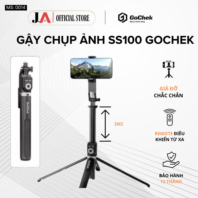 Gậy Selfie Gochek SS100 Chính Hãng JA OFFICIAL STORE, Giá đỡ Điện Thoại 2m2, Gậy Tự Sướng Bluetooth 