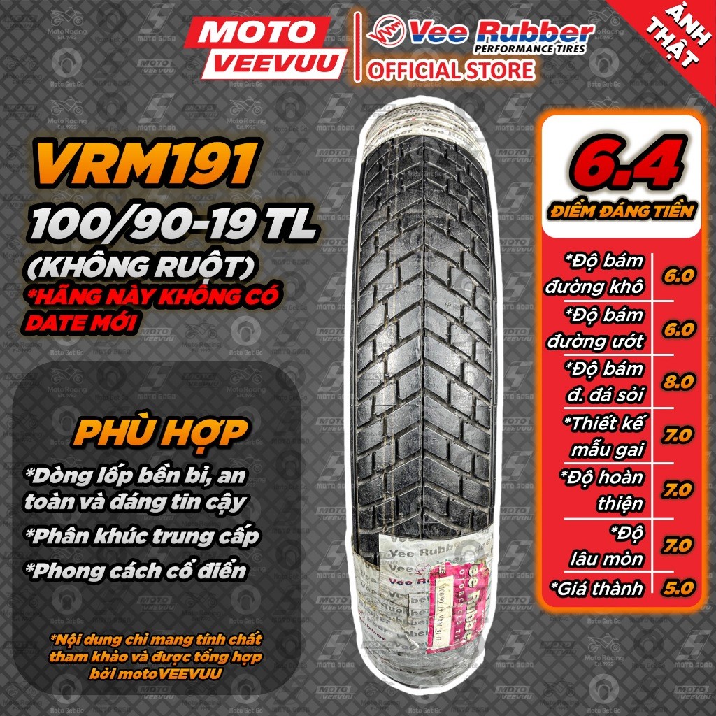 [MTVV] Lốp vỏ xe máy VEE RUBBER 100/90-19 TL VRM191 (Lốp không ruột VeeRubber)<END>
