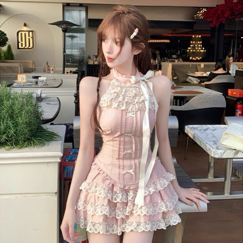 Váy công chúa cổ yếm ren vintage tiểu thư nữ tính,đầm babydoll phong cách Lolita đi chơi dự tiệc chụ