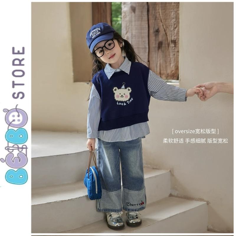 Set áo sơ mi kẻ sọc xanh bé gái , áo gile gấu và quần jean dài ống suông cho bé gái đi học , phù hợp cho set noel bé gái