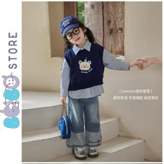 Set áo sơ mi kẻ sọc xanh bé gái , áo gile gấu và quần jean dài ống suông cho bé gái đi học , phù hợp cho set noel bé gái