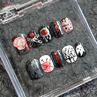 Móng tay giả màu trắng đen Halloween nhẹ và dễ dính móng tay giả