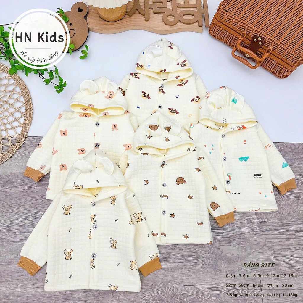Áo khoác Hnkids LIỀN MŨ vải trần bông họa tiết mặc thu đông cho bé