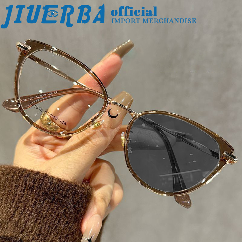 JIUERBA 062 Vintage Photochromic Nữ Kính Mắt Mèo Thời Trang Kim Loại Phong Cách Hàn Quốc Kính Chống 