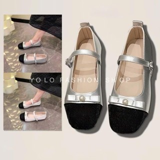 Giày búp bê nữ, giày nữ đế bằng Mary Jan mũi tròn da mềm đế dẻo phối màu đính nơ ngọc xinh xắn - B56