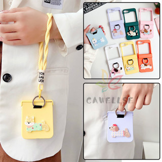 Vỏ giữ nhẫn màu kẹo hoạt hình dễ thương cho chó mèo Samsung Galaxy Z Flip 6 Z Flip 5 Z Flip 4 / 3 Full Bản lề Matte Case có vòng đeo tay Vỏ PC cứng mịn chống sốc