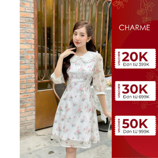 Váy Hoa Công Sở Tiểu Thư Dáng Xòe Charme CH 302011 Thiết Kế Tay Lỡ Cổ Sen Thanh Lịch