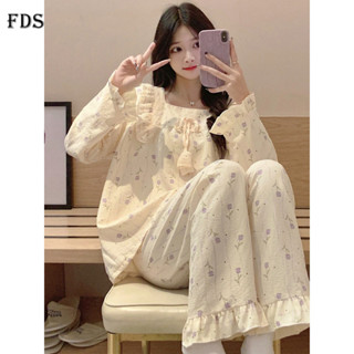Đồ ngủ mùa xuân hoa tulip cổ vuông FDS mẫu mới Bộ hai chiếc đồ mặc nhà dễ thương phong cách Hàn Quốc Instagram cho nữ