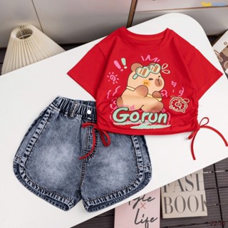 [Size 13kg-50kg] Set áo thun dây rút in Cabybara phối quần đùi jean bé gái