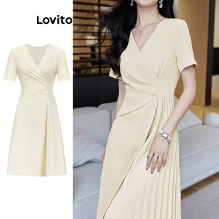 Đầm Lovito xếp ly màu trơn phong cách thường ngày cho nữ L86ED194