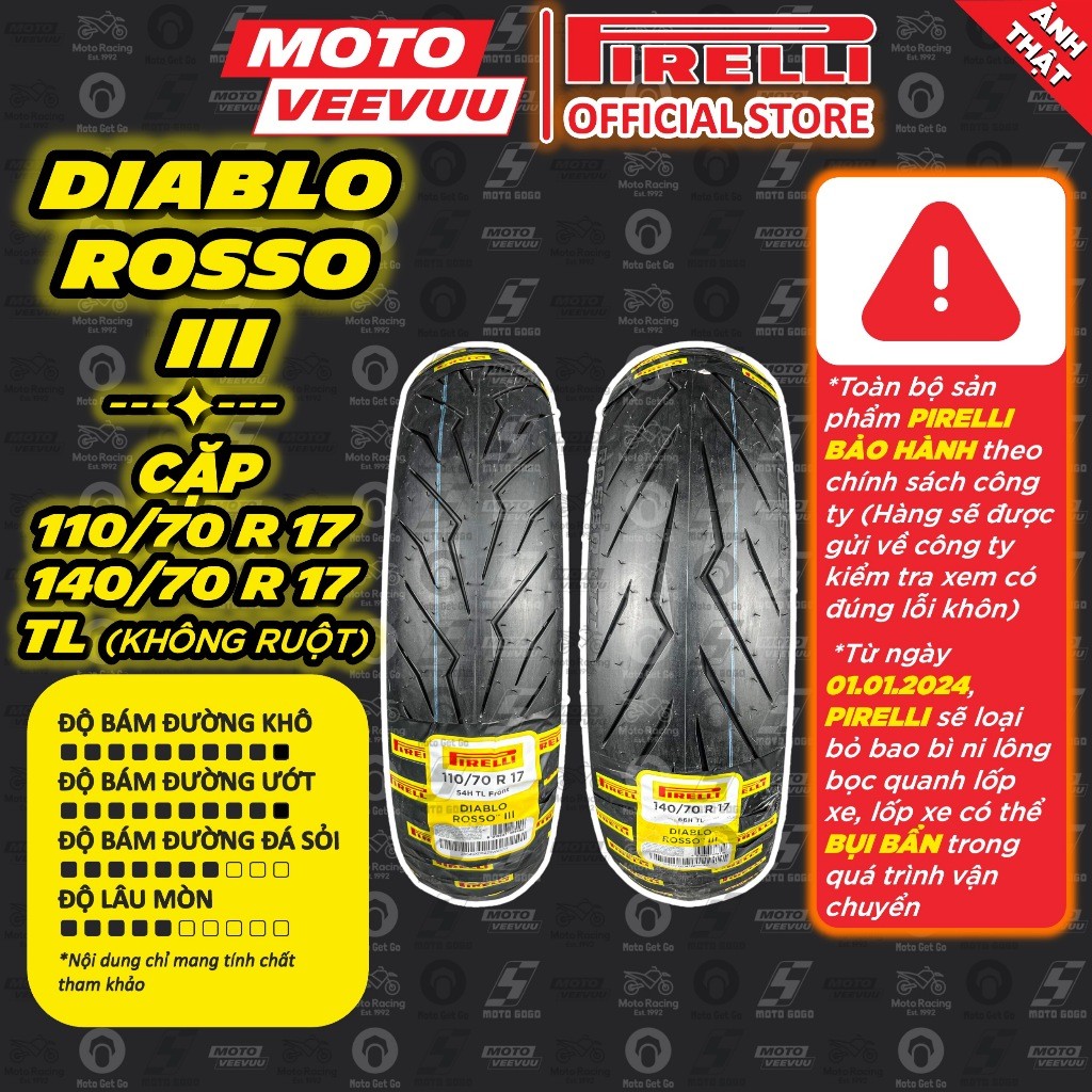 [MTVV] CẶP VỎ LỐP xe máy PIRELLI 110/70-17 & 140/70-17 TL Diablo Rosso 3 YAMAHA R3 TFX CB150R<END>