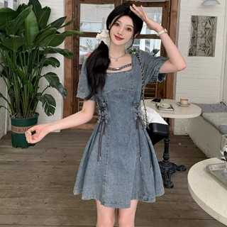 Váy Liền Bò Khí Chất Kiểu Pháp Cho Cô Nàng Mập Cỡ Lớn Váy Ngắn Tay Phồng Che Bụng Chít Eo Thích Hợp Mẫu Mới