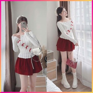 Set Bộ Đồ Nữ Áo Len Lông Trễ Lệch Vai Đính Nơ Nổi Đỏ Mix Chân Váy Nhung Đỏ Xoè Tầng Diện Noel Giáng Sinh Tết