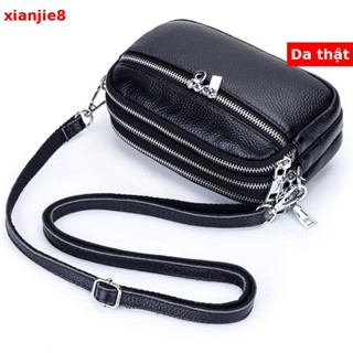 Túi xách nữ da bò lớp đầu tiên Phong cách mới Túi dây kéo ba lớp có dây kéo vai Túi nhỏ tất cả