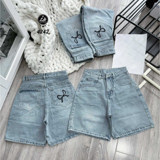 Quần jean ngố nữ màu xanh thêu nơ chỉ đen cạp cao Lê Huy Fashion MS 4242