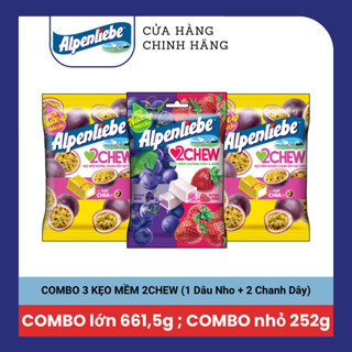 COMBO Kẹo Mềm Alpenliebe 2Chew từ nước ép trái cây hương Dâu Nho, Chanh dây hạt chia