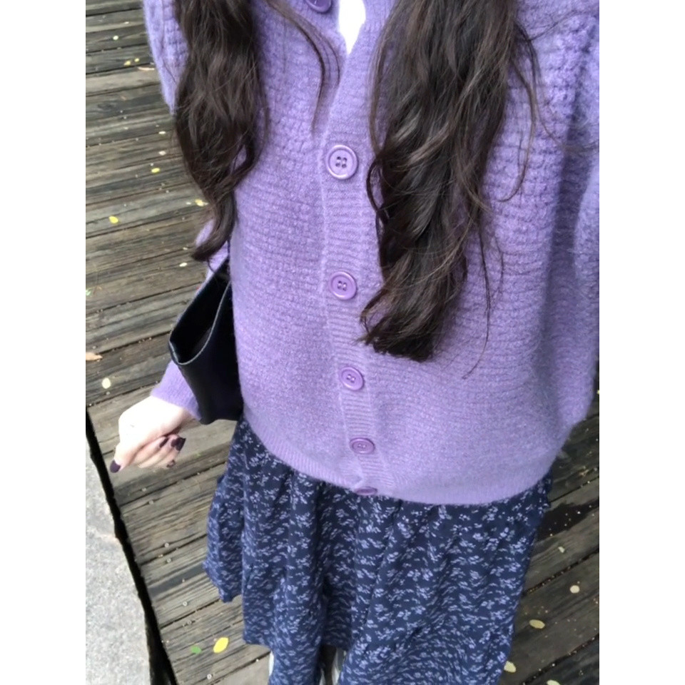 【Bess's house】áo khoác len cardigan+váy hoa nhí, bộ áo dệt kim tím nhẹ nhàng, váy hoa cao cấp, đầu thu 2024 | BigBuy360 - bigbuy360.vn