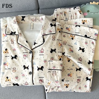 Bộ Đồ ngủ bộ hai chiếc quần dài hoạt hình dễ thương mùa thu đông ngọt ngào đồ mặc nhà học sinh chó Dachshund phong cách Instagram dài tay giữ ấm cho nữ