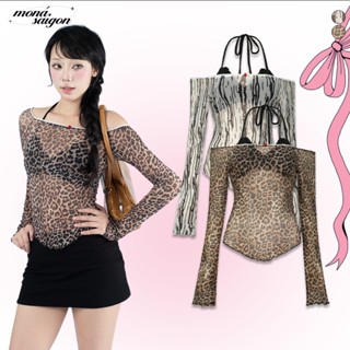 [KÈM ÁO BRA] Áo lưới nữ MONÁ tay dài trễ vai cá tính hoạ tiết da beo phối ren - WILDY TOP