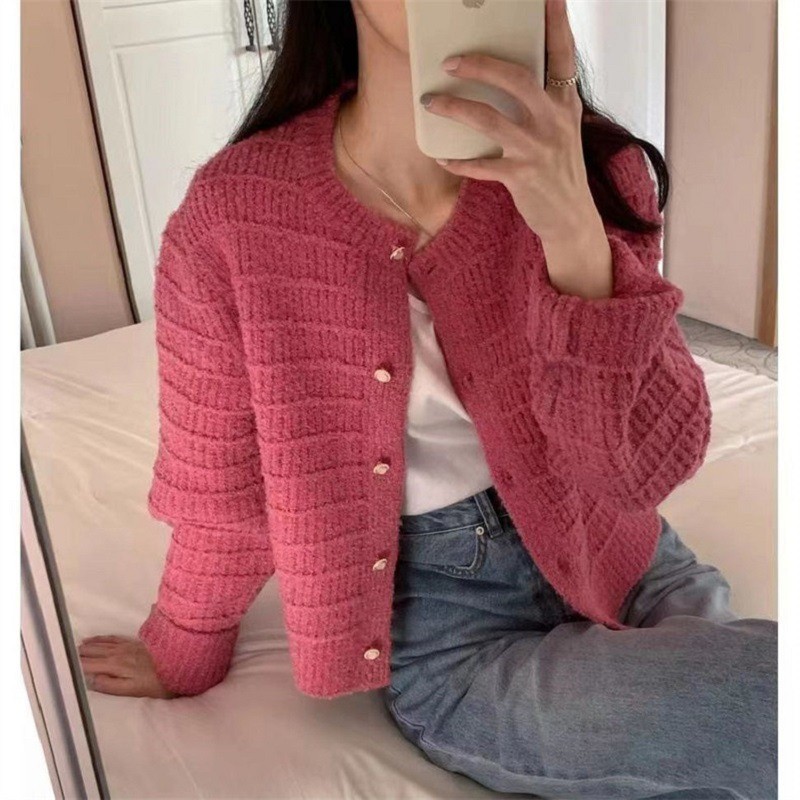 【Ready Stock】Korea Round Neck Textured Weave Single-Breasted Knitted Cardigan Women's Top