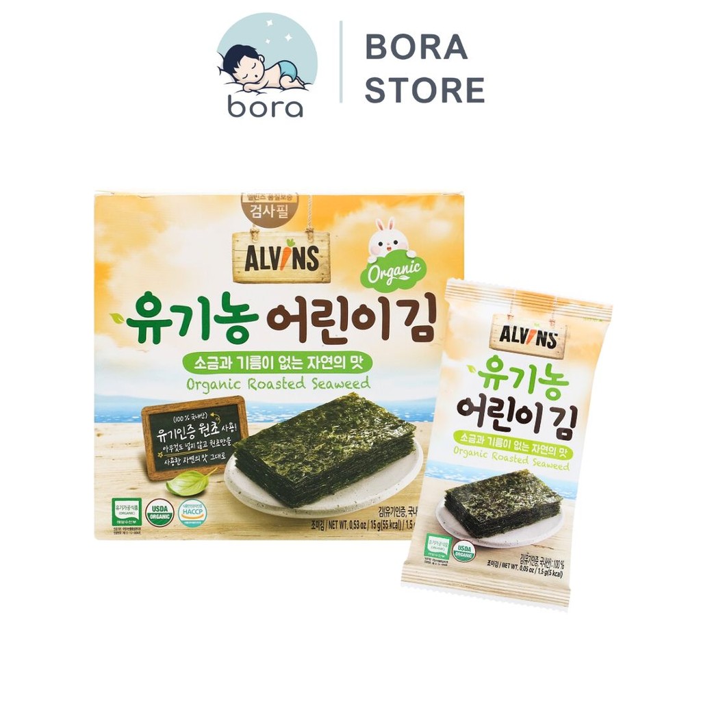 Rong biển hữu cơ tách muối cho bé 6m+ Alvins ăn liền 150g hộp 10 gói