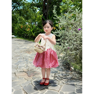Váy Bé Gái CARROT Sát Nách,Babydoll nơ xinh phối caro nhún bí, Chất Liệu Thô Cotton