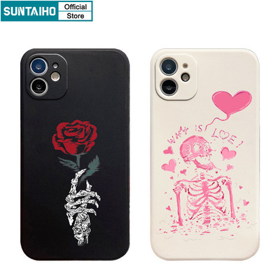 Suntaiho Vỏ Độc Đáo Đầu Lâu Hoa Hồng Họa Tiết Hoa Ốp lưng Iphone 16 15 14 13 12 11 Pro Max IP 7 8 Plus Iphon X Xs XR Xs Max Silicon Mềm Cao Cấp Chống Sốc Ốp Lưng