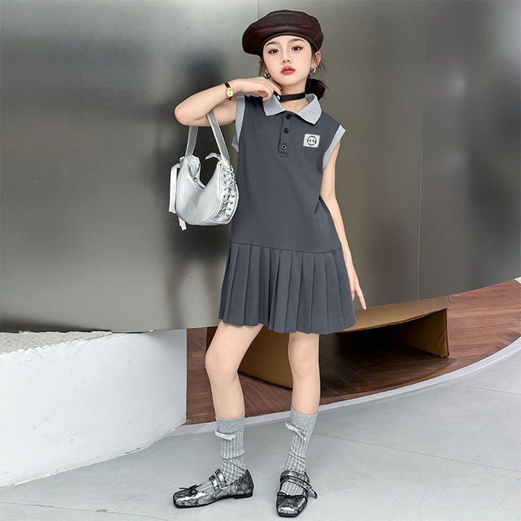 Lemon-tree 3-15Y váy bé gái vào mùa hè mới váy xếp ly jk trẻ em Váy vest không tay trẻ em thủy triều