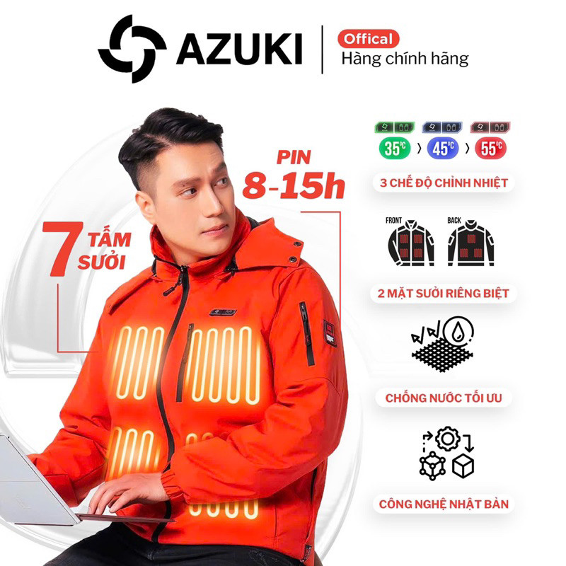 ÁO SƯỞI ẤM NHẬT BẢN AZUKI KÈM PIN 24.000 CHÍNH HÃNG