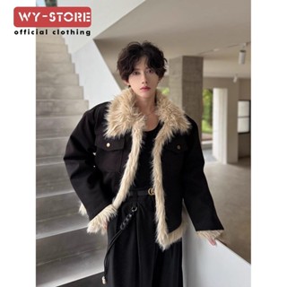 Lớn Len Cổ Cừu Sang Trọng Tweed Áo Khoác Nam Thiết Kế Cảm Giác Phiên Bản Hàn Quốc Mặc Lông Cừu Lót Dày Áo Khoác Cotton Cao Cấp