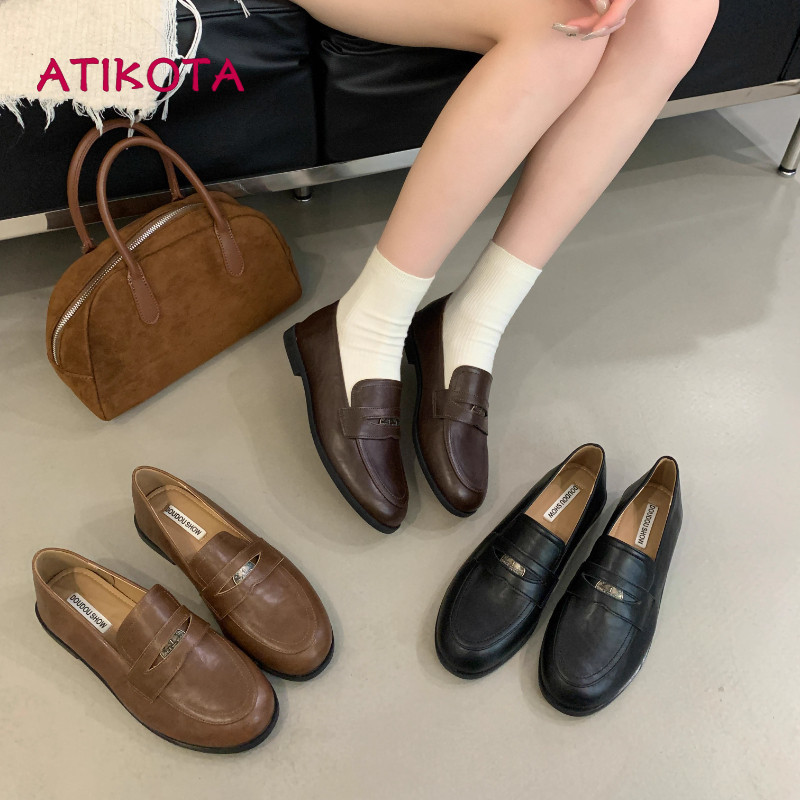 Atikota Nữ Mới Loafers Đơn Giản Thường Ngày Retro Da Mềm Ngón Chân Tròn Thoải Mái Giày Đơn