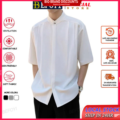 Áo Sơ Mi Lụa Lạnh Tay Ngắn Cổ Đứng Màu Trơn Thời Trang Mùa Hè Cho Nam Kemeja Baju Lelaki XY0647