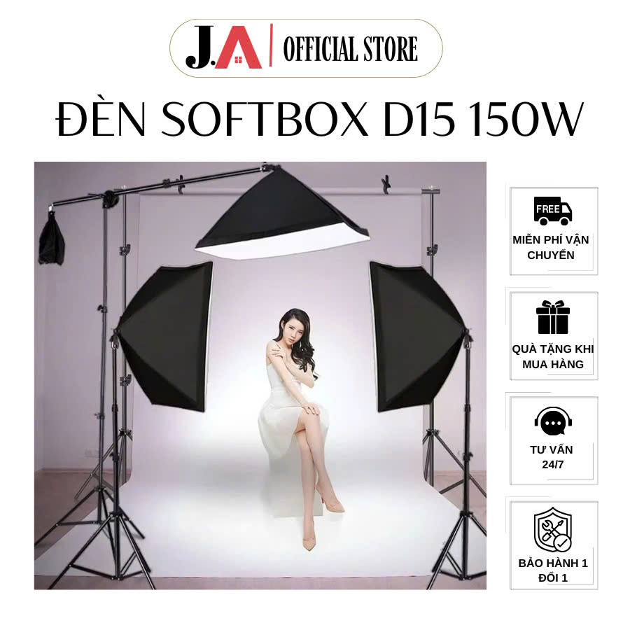 Combo Đèn Chụp Ảnh D15 Softbox 150W Kèm Chân Đèn Tự Điều Chỉnh 70-210cm, Đèn Chụp Ảnh Studio 50x70cm