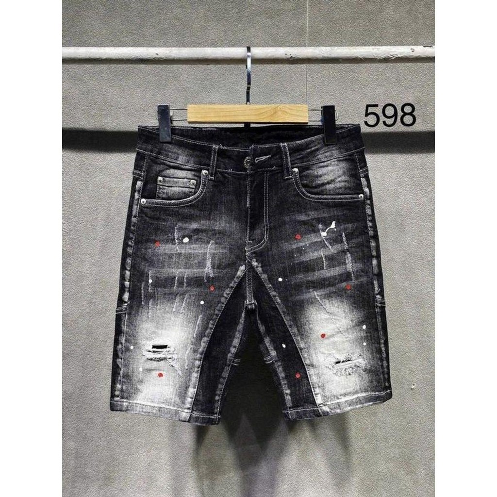 Quần short jean nam đen wash 2 đáy rách xước ,vẩy sơn jean co dãn tốt phong cách thời trang