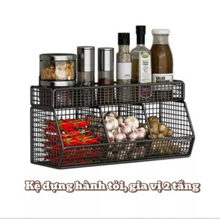 Kệ Đựng Hành Tỏi 3 Khay 2 tầng Đen, Khay Đựng Gia Vị Dán Tường, Tiện Ích , Tặng Kèm Miếng Dán