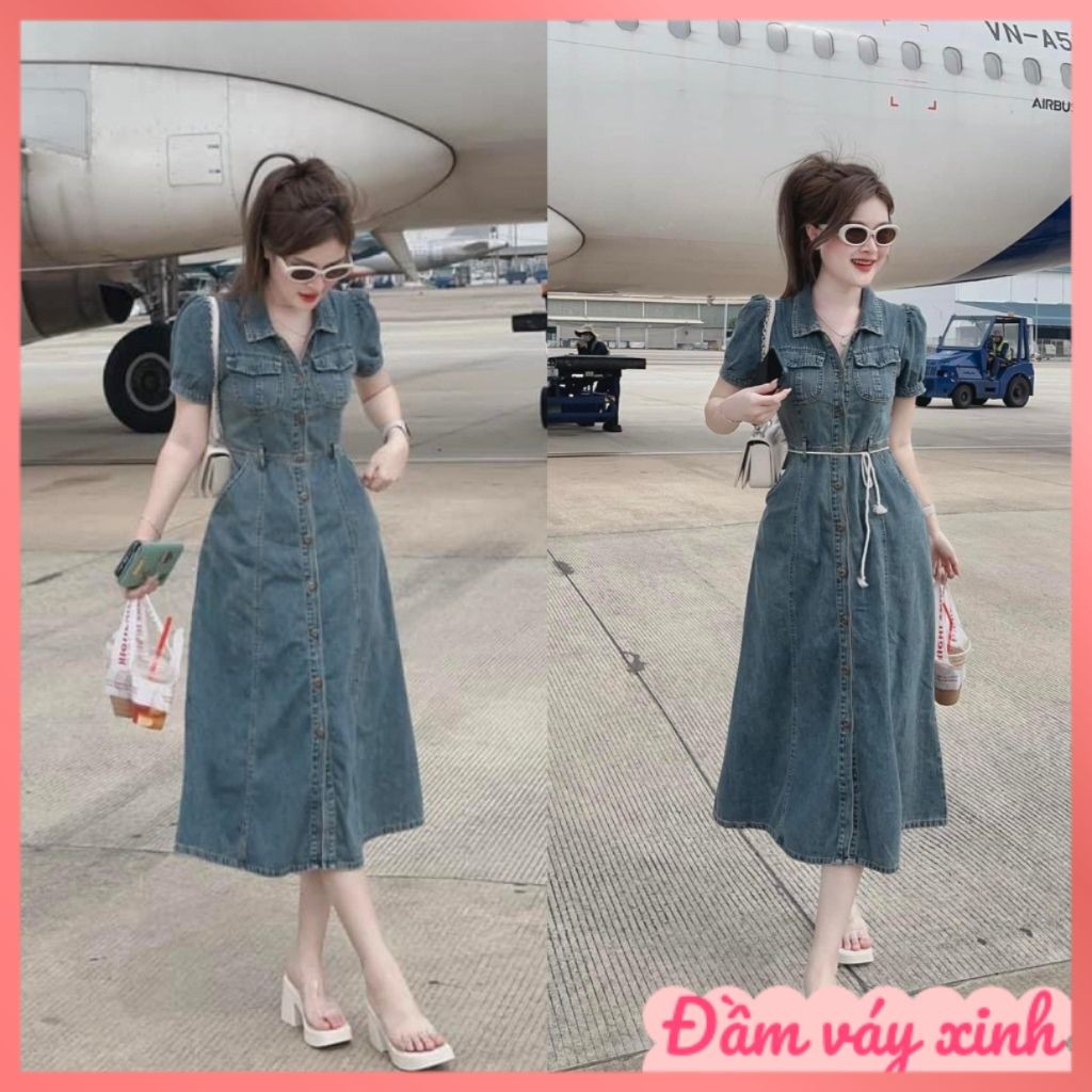 Đầm váy nữ jeans sơ mi ngắn tay dáng xòe siêu hot với tone màu xanh cá tính, xinh xắn K9