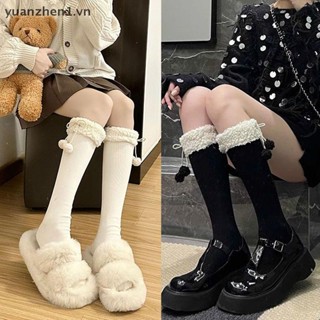 Zhen Cừu Len Trên Đầu Gối Tất Chân Mùa Đông Ấm Áp Dài Vớ Dễ Thương Sang Trọng Bóng Bé Gái Ống Cao Tất Màu Trơn JK Vớ VN
