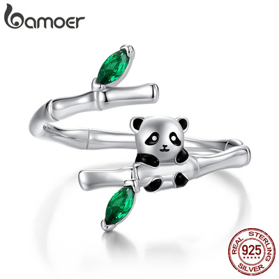 Bamoer 925 Sterling Sliver Mở Nhẫn Có Thể Điều Chỉnh Gấu Trúc Dễ Thương Trang Sức Tre Quà Tặng Cho Nữ