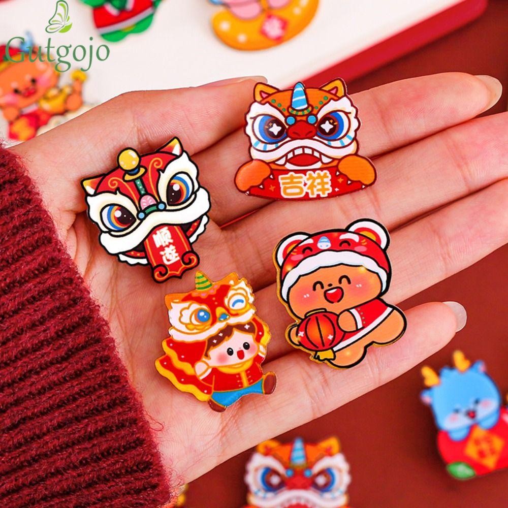 Gutgojo Lion Dance Trâm cài, Lucky Dancing Lion Acrylic Lễ hội mùa xuân Pin, Trang sức Thời trang Ve