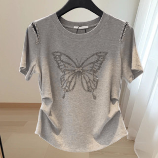 Áo thun ngắn tay nữ mùa hè mới, cotton nguyên chất, trễ vai, đính đá, xếp ly hình bướm, ôm sát