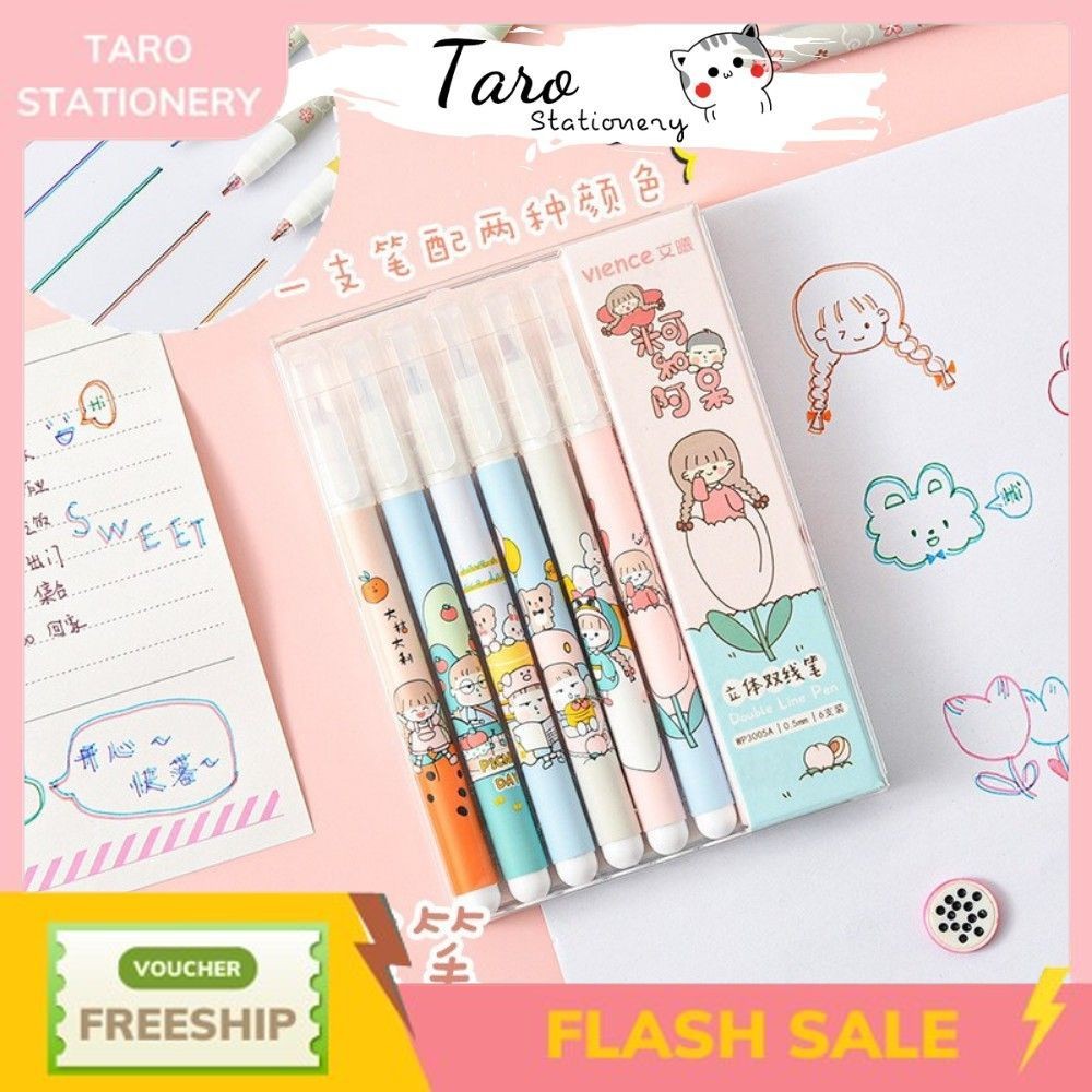 Set 3/6 bút 2 ngòi 2 lines pen trang trí tiêu đề bài học A18 Taro Stationery